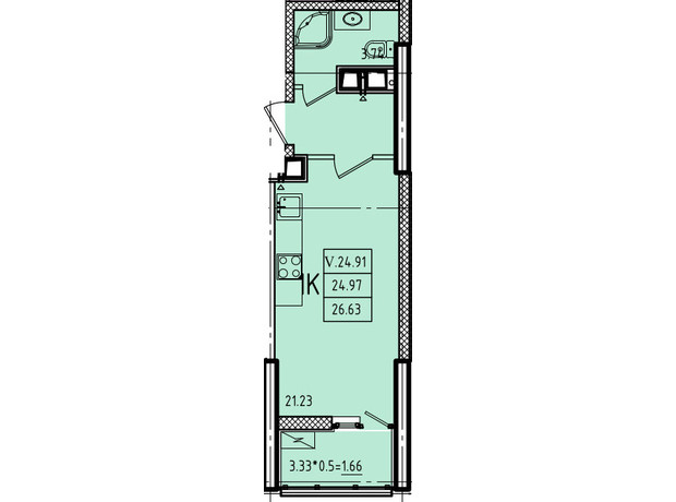 ЖК Эллада: планировка 1-комнатной квартиры 28.67 м²