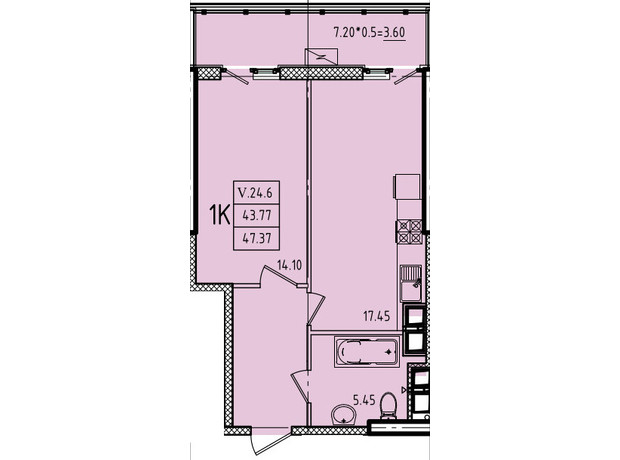 ЖК Эллада: планировка 1-комнатной квартиры 47.37 м²