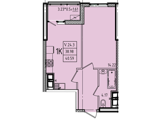 ЖК Еллада: планування 1-кімнатної квартири 40.59 м²