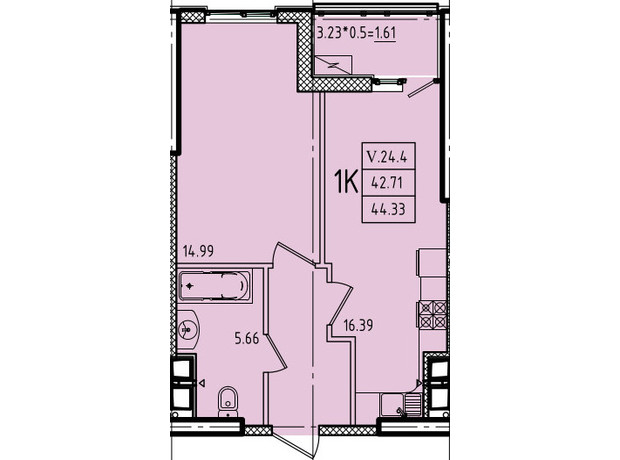 ЖК Эллада: планировка 1-комнатной квартиры 44.33 м²