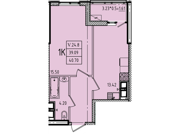 ЖК Еллада: планування 1-кімнатної квартири 40.7 м²