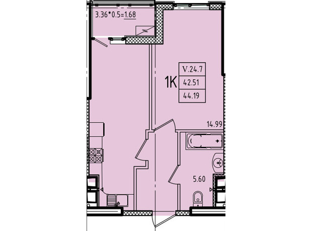 ЖК Еллада: планування 1-кімнатної квартири 44.19 м²