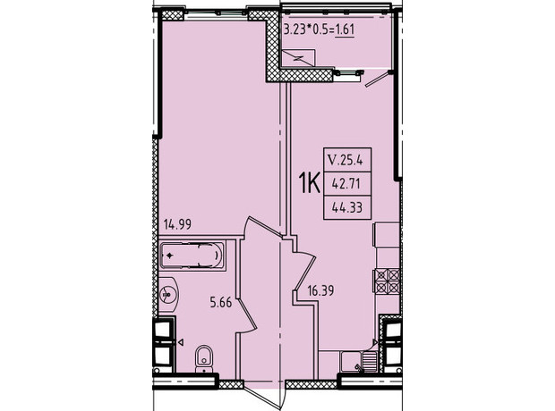 ЖК Еллада: планування 1-кімнатної квартири 44.33 м²