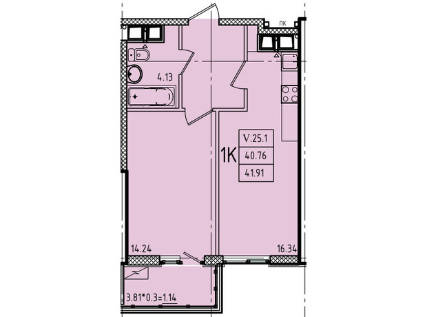 ЖК Еллада: планування 1-кімнатної квартири 41.91 м²