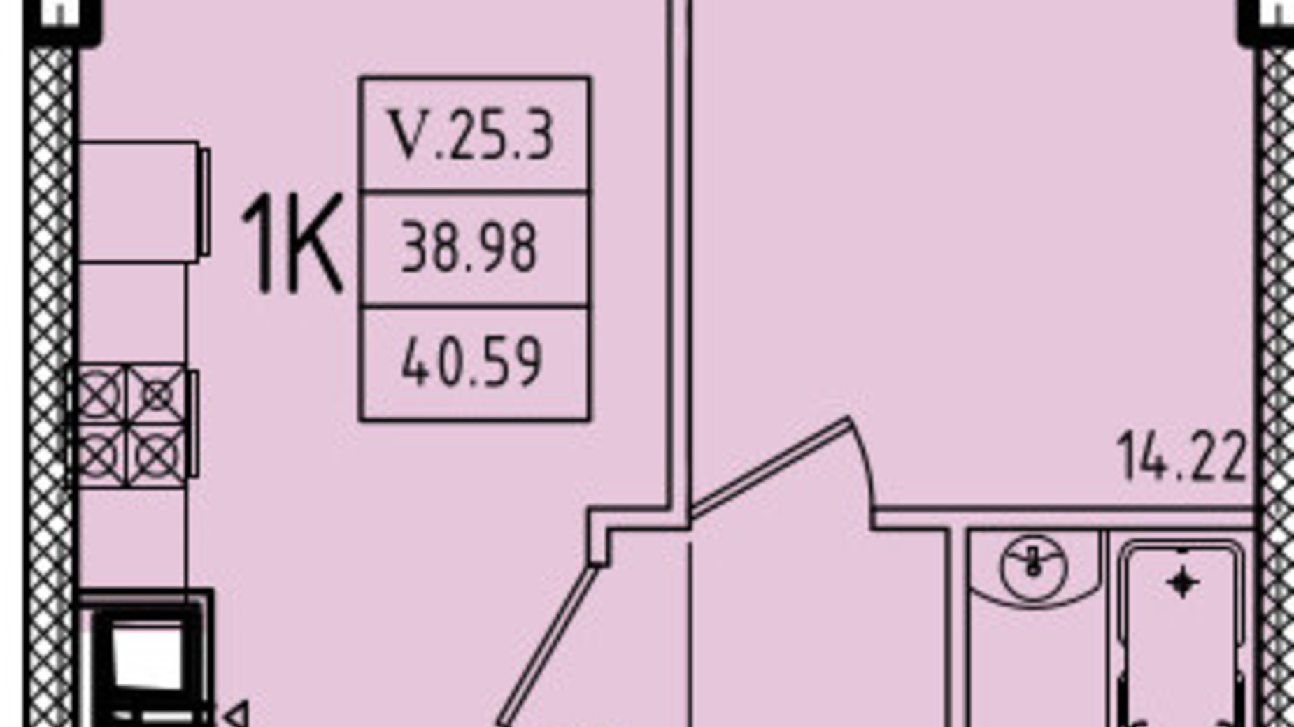 Планировка 1-комнатной квартиры в ЖК Эллада 40.59 м², фото 602694