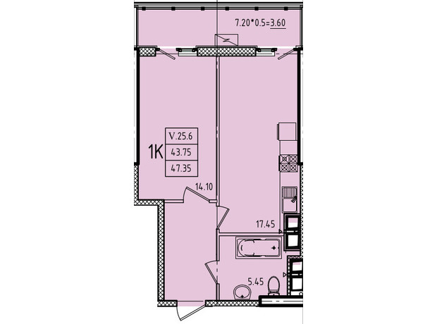 ЖК Эллада: планировка 1-комнатной квартиры 47.35 м²