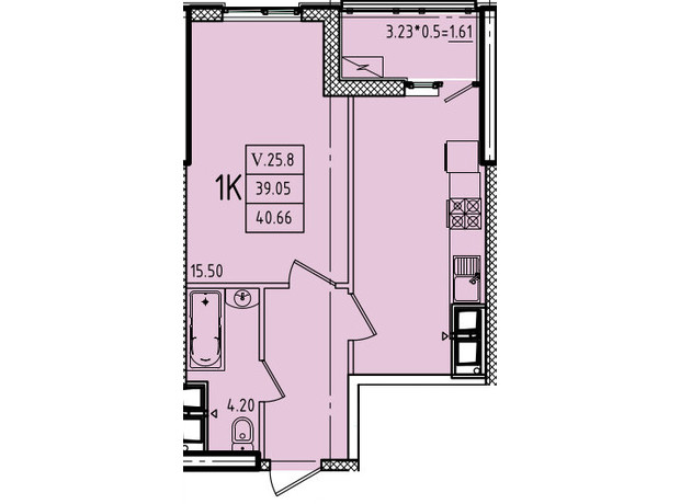 ЖК Эллада: планировка 1-комнатной квартиры 40.66 м²