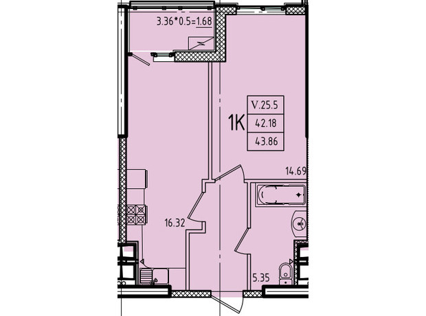 ЖК Эллада: планировка 1-комнатной квартиры 43.86 м²