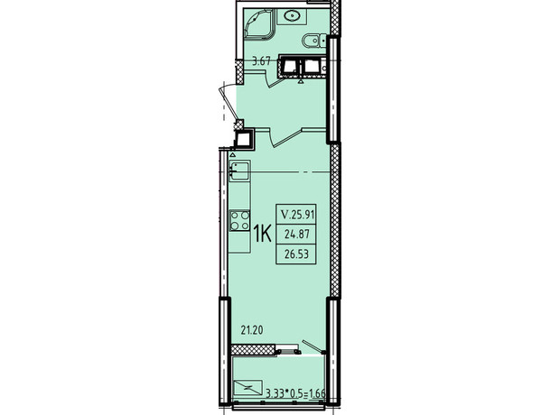 ЖК Еллада: планування 1-кімнатної квартири 28.6 м²
