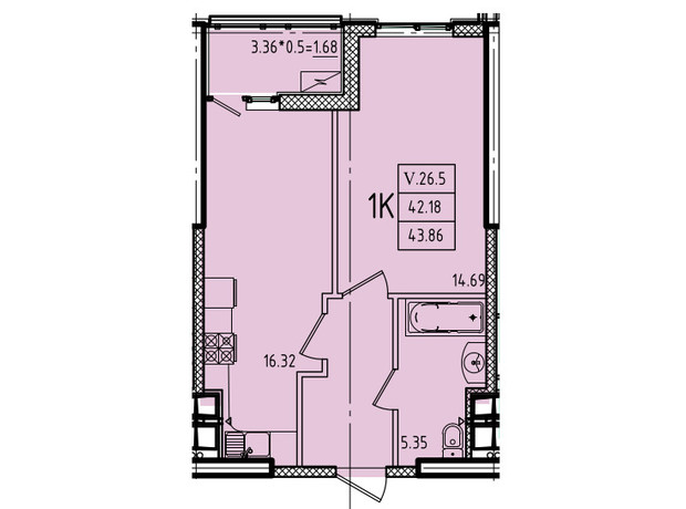 ЖК Еллада: планування 1-кімнатної квартири 43.86 м²
