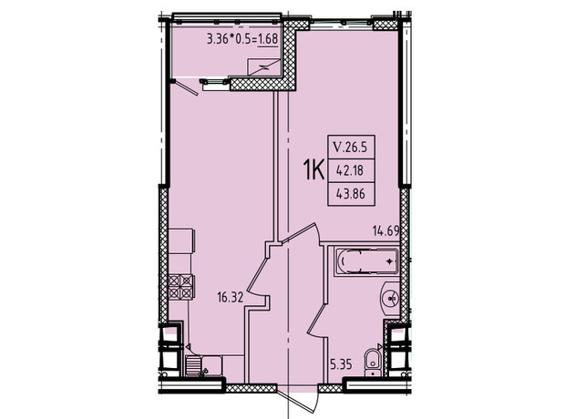 ЖК Эллада: планировка 1-комнатной квартиры 43.86 м²