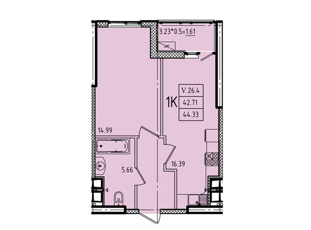 ЖК Еллада: планування 1-кімнатної квартири 44.33 м²