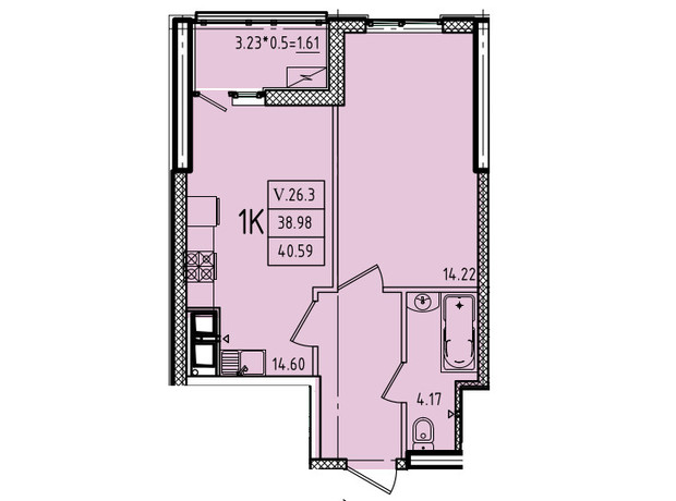 ЖК Эллада: планировка 1-комнатной квартиры 40.59 м²