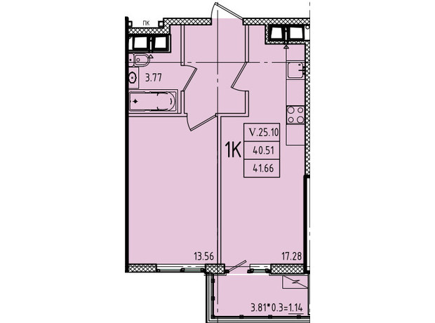 ЖК Еллада: планування 1-кімнатної квартири 41.66 м²