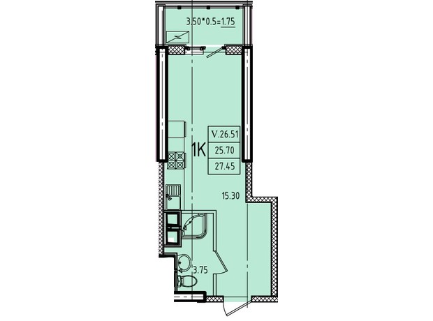 ЖК Эллада: планировка 1-комнатной квартиры 27.45 м²