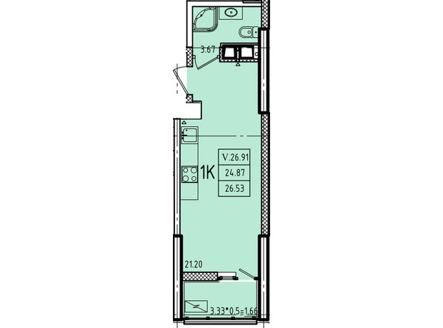 ЖК Эллада: планировка 1-комнатной квартиры 28.6 м²