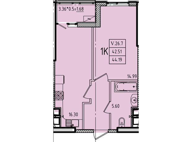 ЖК Еллада: планування 1-кімнатної квартири 44.19 м²