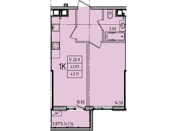 ЖК Еллада: планування 1-кімнатної квартири 43.11 м²