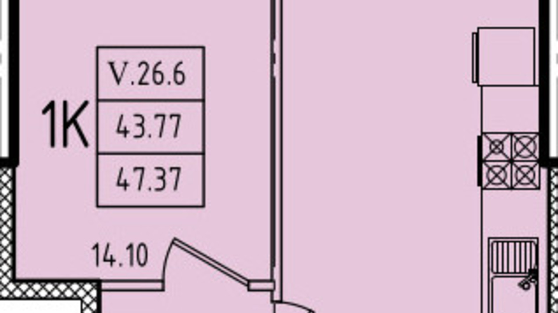 Планировка 1-комнатной квартиры в ЖК Эллада 47.37 м², фото 602717