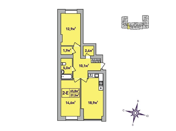 ЖК Центральний Premium: планування 2-кімнатної квартири 65.8 м²