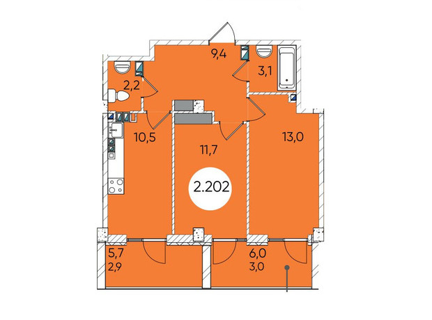 ЖК Грінвіч Парк: планування 2-кімнатної квартири 57.6 м²