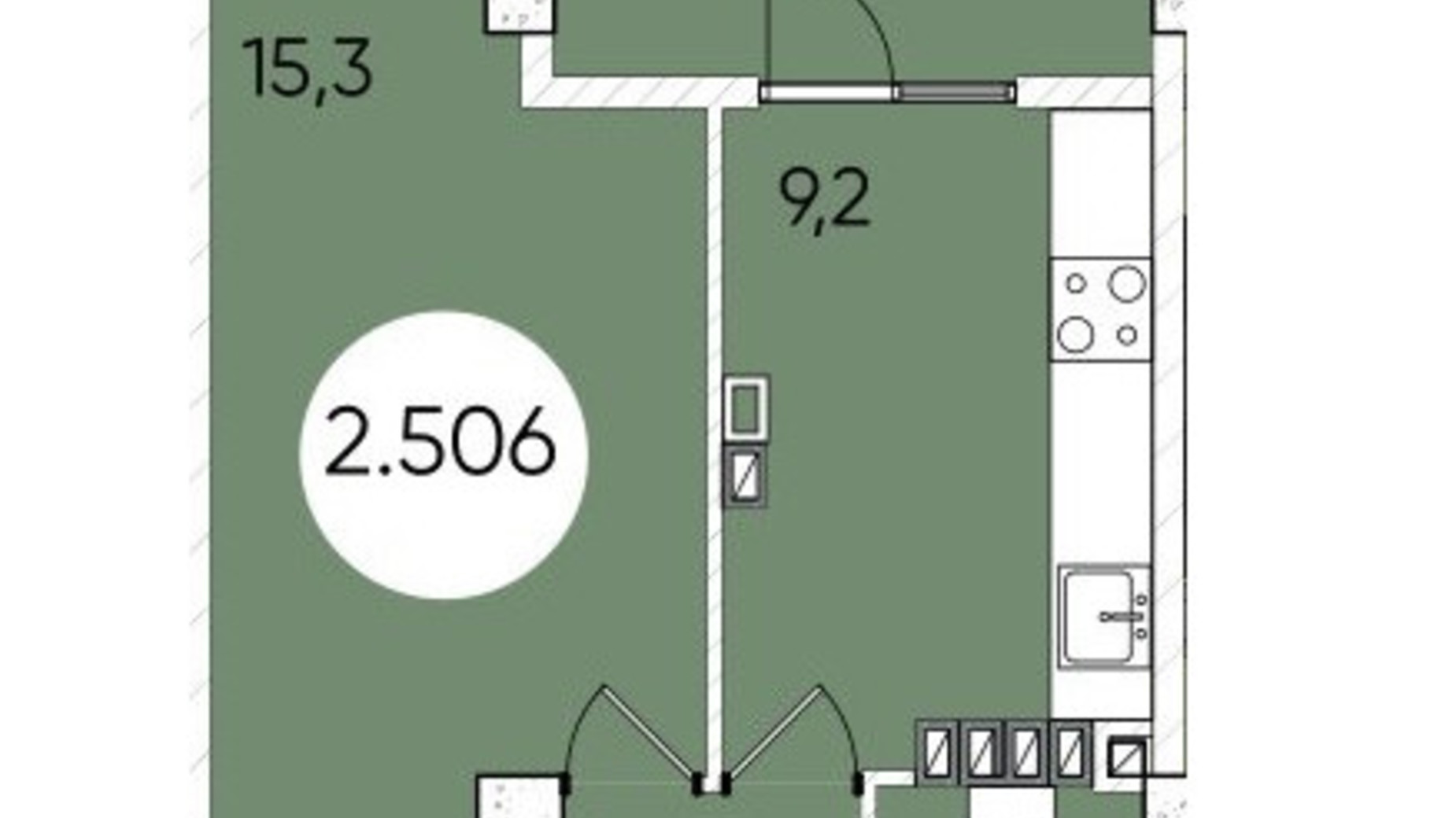 Планування 1-кімнатної квартири в ЖК Грінвіч Парк 42.4 м², фото 603021