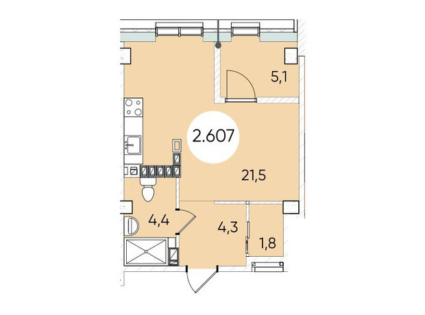 ЖК Гринвич Парк: планировка 1-комнатной квартиры 34.6 м²