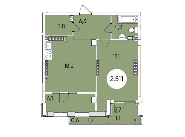 ЖК Грінвіч Парк: планування 1-кімнатної квартири 58.4 м²