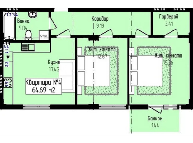 ЖК Садовий: планування 2-кімнатної квартири 64.69 м²
