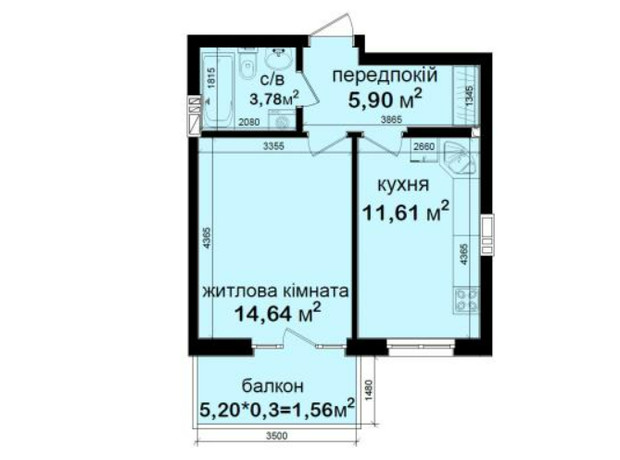 ЖК Кришталеві джерела: планировка 1-комнатной квартиры 37.49 м²