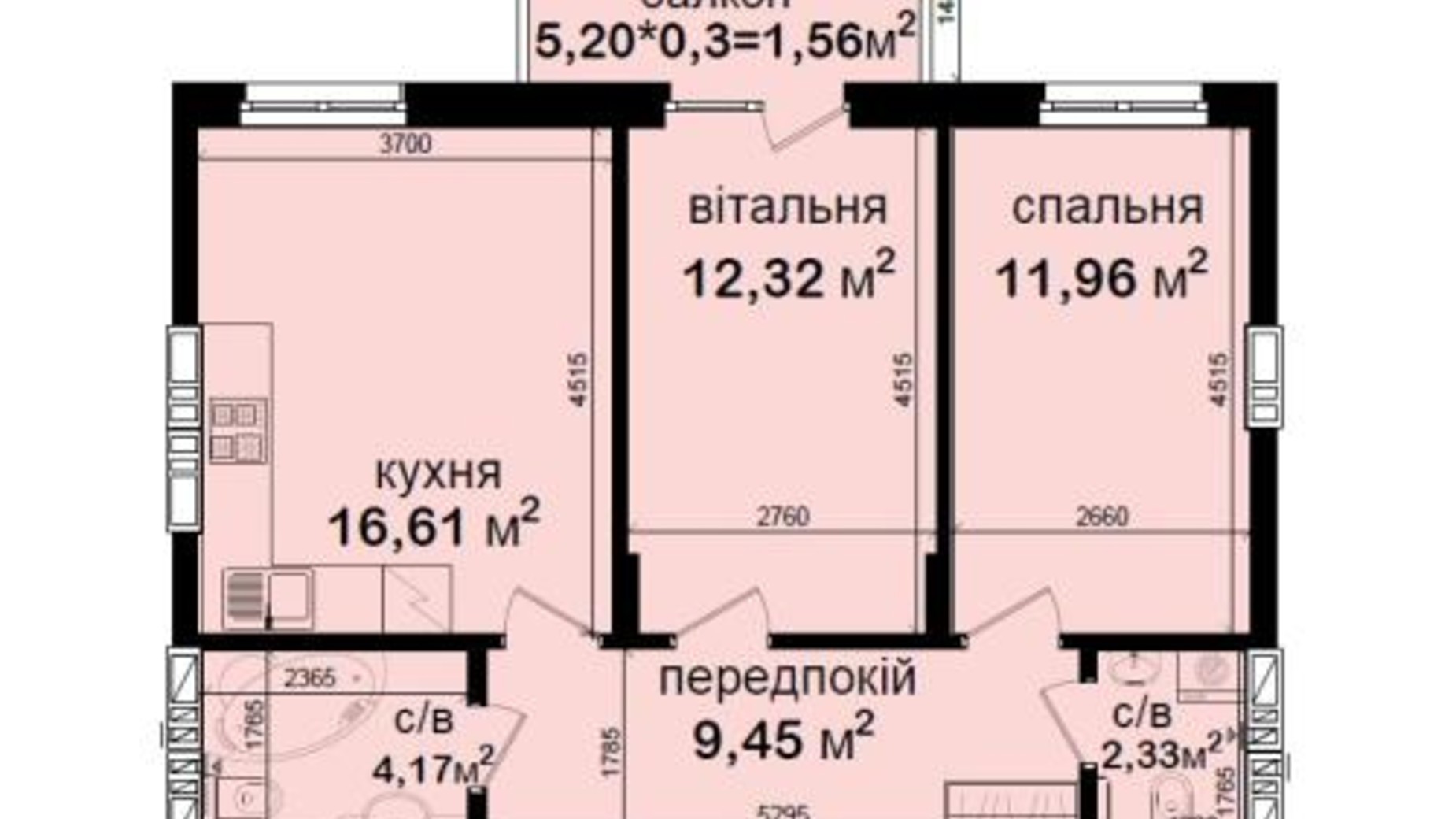 Планування 2-кімнатної квартири в ЖК Кришталеві джерела 58.4 м², фото 603454