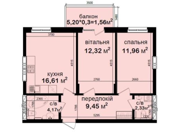 ЖК Кришталеві джерела: планування 2-кімнатної квартири 58.4 м²
