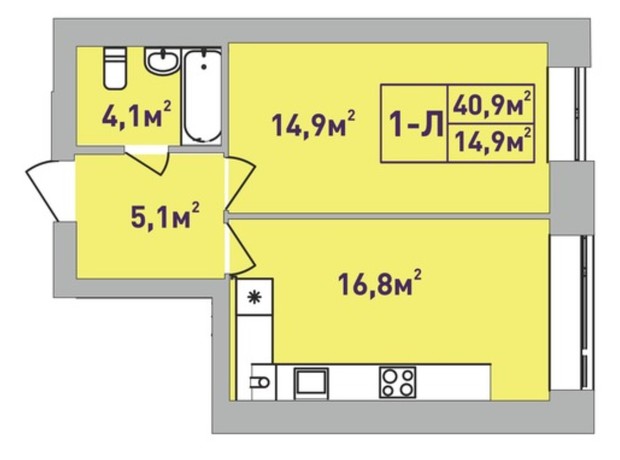 ЖК Центральный Premium: планировка 1-комнатной квартиры 40.9 м²