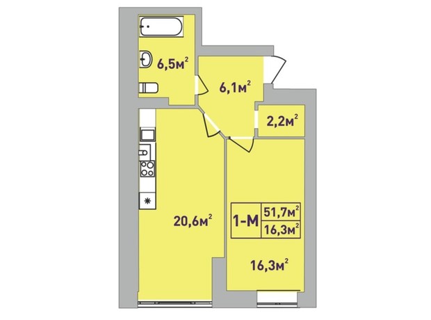 ЖК Центральный Premium: планировка 1-комнатной квартиры 51.7 м²