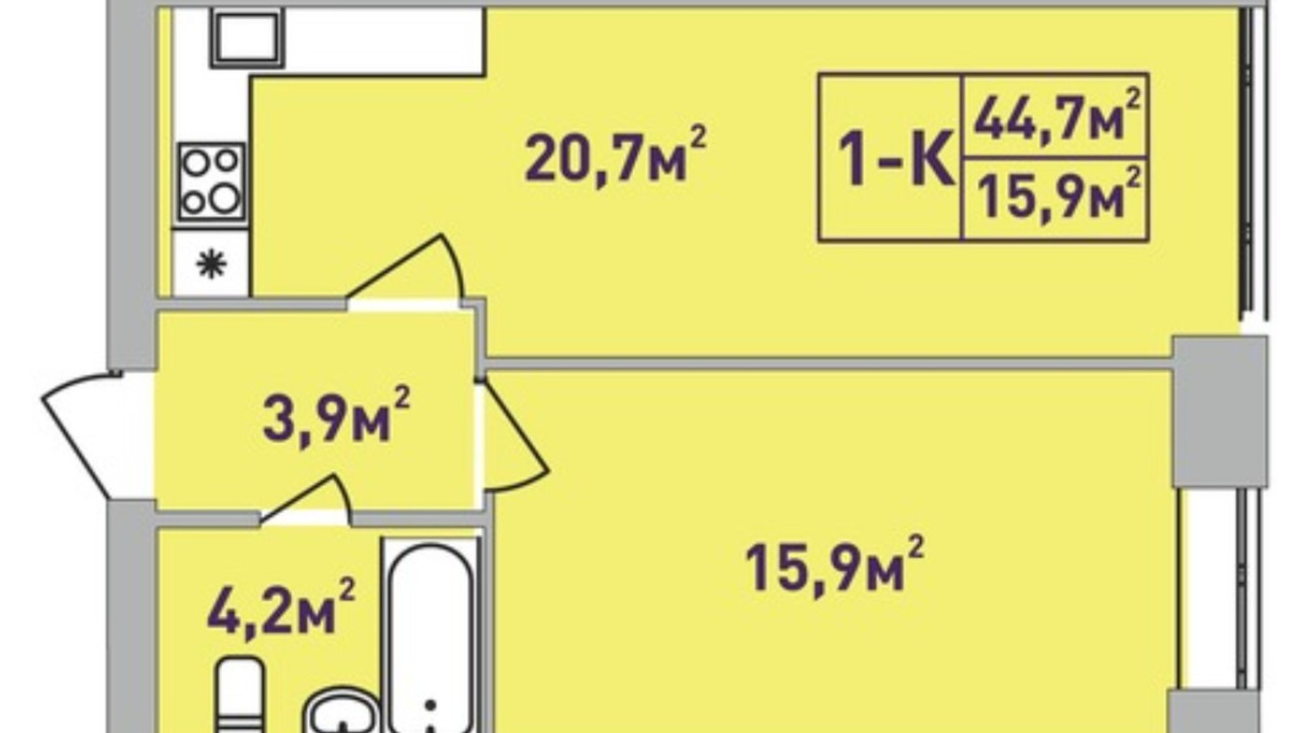 Планування 1-кімнатної квартири в ЖК Центральний Premium 44.7 м², фото 603461