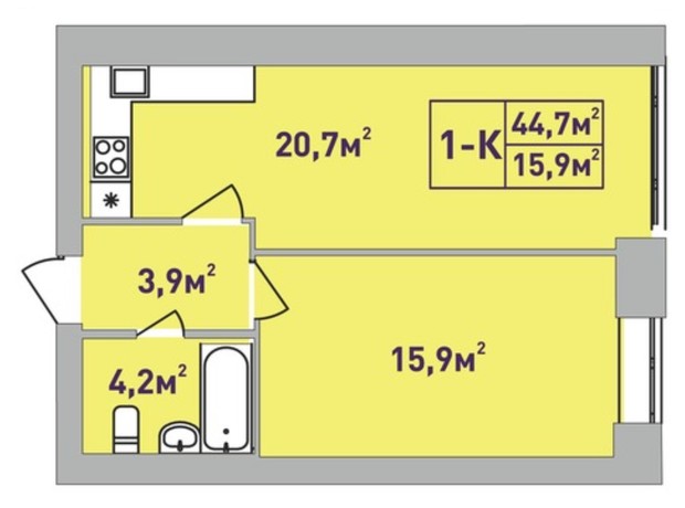 ЖК Центральний Premium: планування 1-кімнатної квартири 44.7 м²