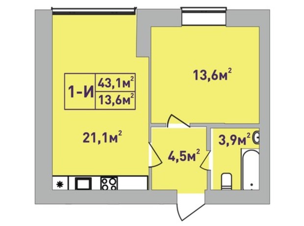 ЖК Центральный Premium: планировка 1-комнатной квартиры 43.1 м²