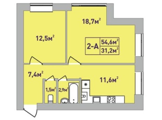 ЖК Центральный Premium: планировка 2-комнатной квартиры 54.6 м²