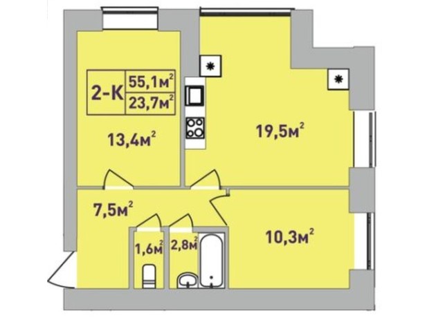 ЖК Центральный Premium: планировка 2-комнатной квартиры 55.1 м²