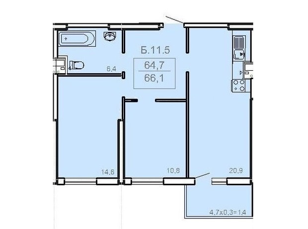 ЖК Акрополь: планування 2-кімнатної квартири 66.1 м²