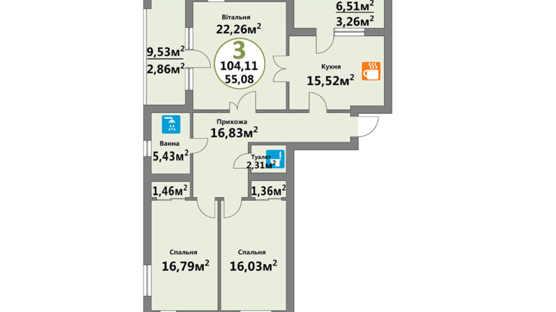 Планировка 3-комнатной квартиры в ЖК Эко-Дом на Надийний 102.9 м², фото 604251