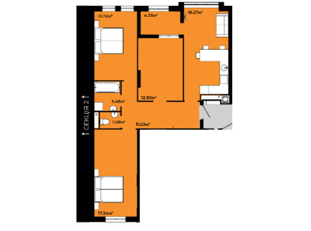 ЖК Continent Green: планировка 2-комнатной квартиры 70.49 м²