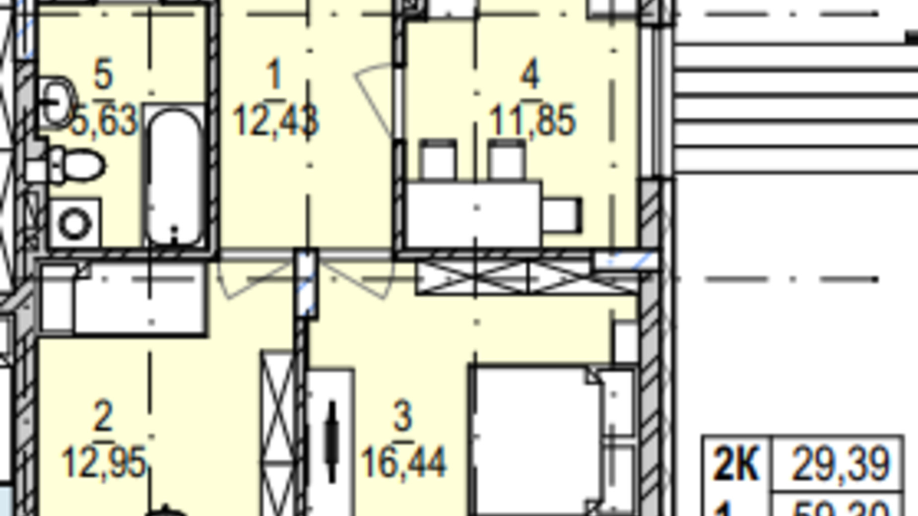Планировка 2-комнатной квартиры в ЖК Южный Deluxe 59.3 м², фото 604975