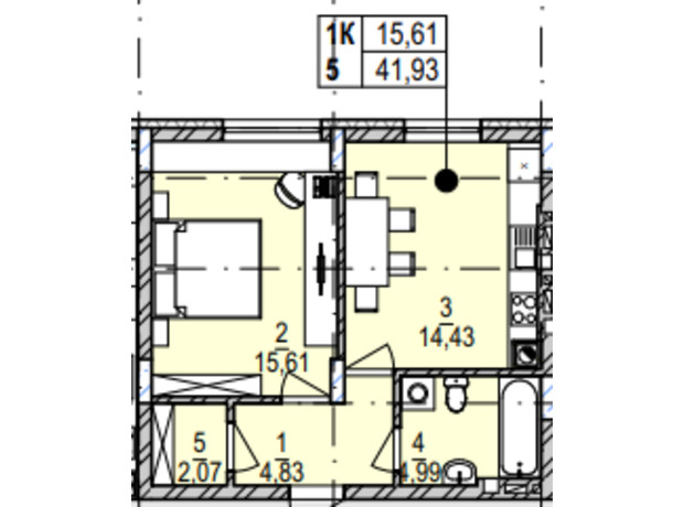 ЖК Південний Deluxe: планування 1-кімнатної квартири 41.93 м²