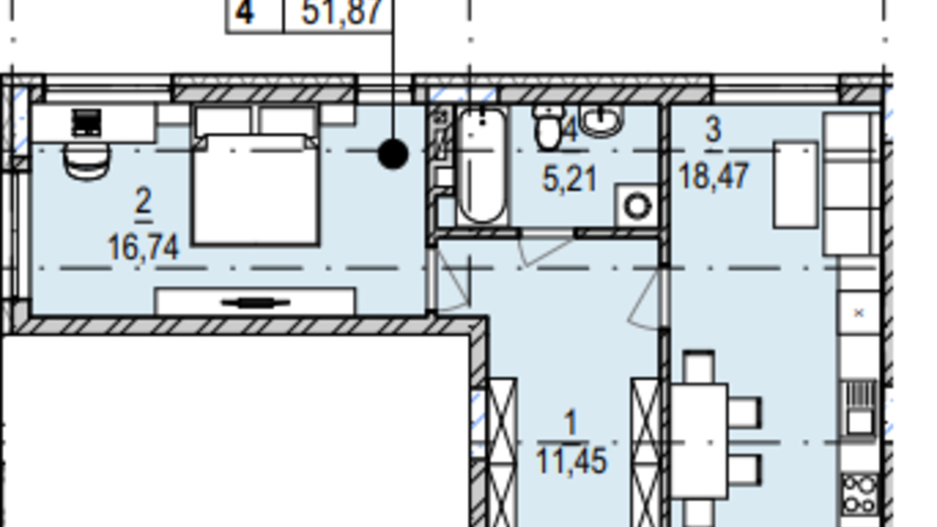 Планировка 1-комнатной квартиры в ЖК Южный Deluxe 51.87 м², фото 604978