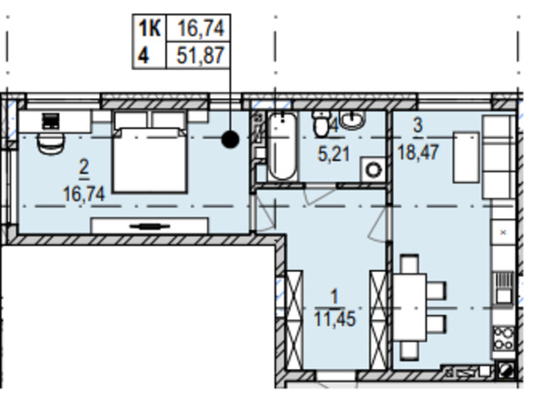 ЖК Южный Deluxe: планировка 1-комнатной квартиры 51.87 м²