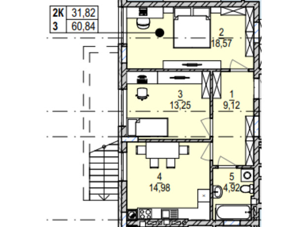 ЖК Південний Deluxe: планування 2-кімнатної квартири 60.84 м²