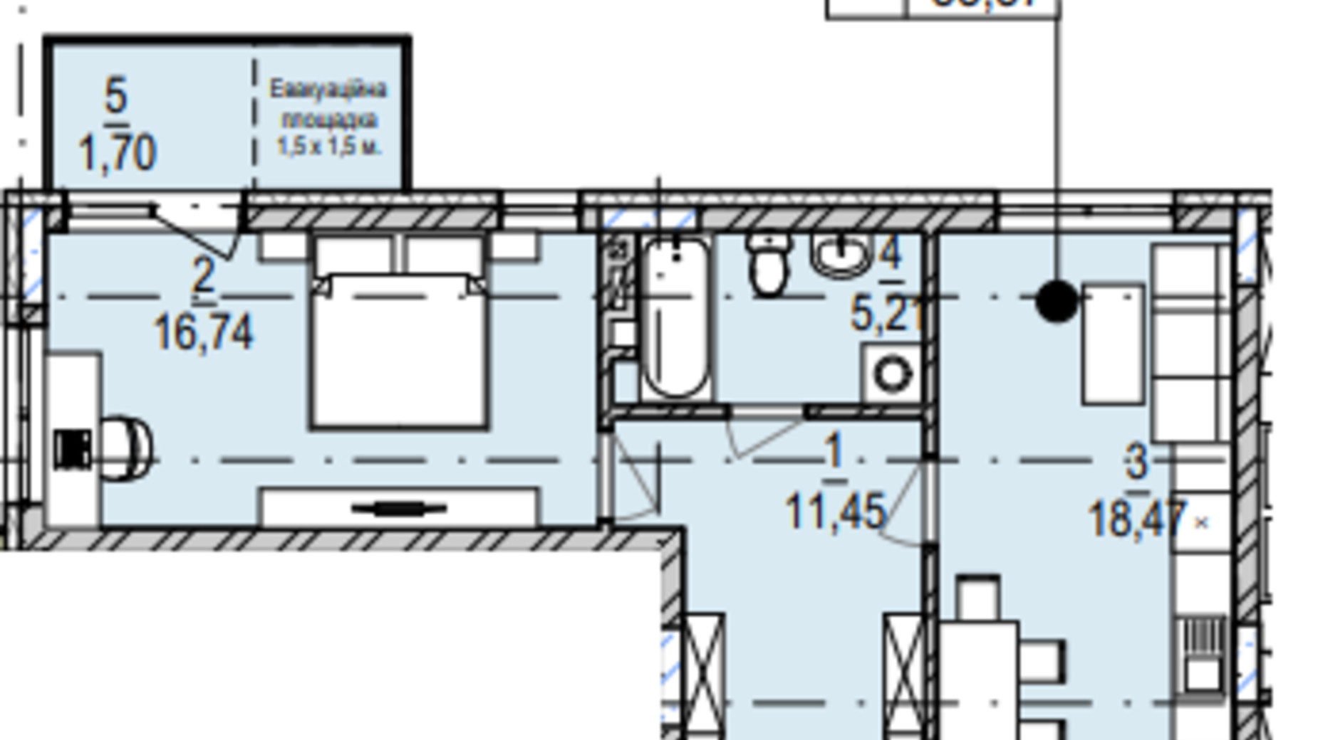Планування 1-кімнатної квартири в ЖК Південний Deluxe 53.57 м², фото 604984