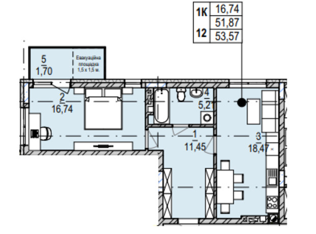 ЖК Південний Deluxe: планування 1-кімнатної квартири 53.57 м²