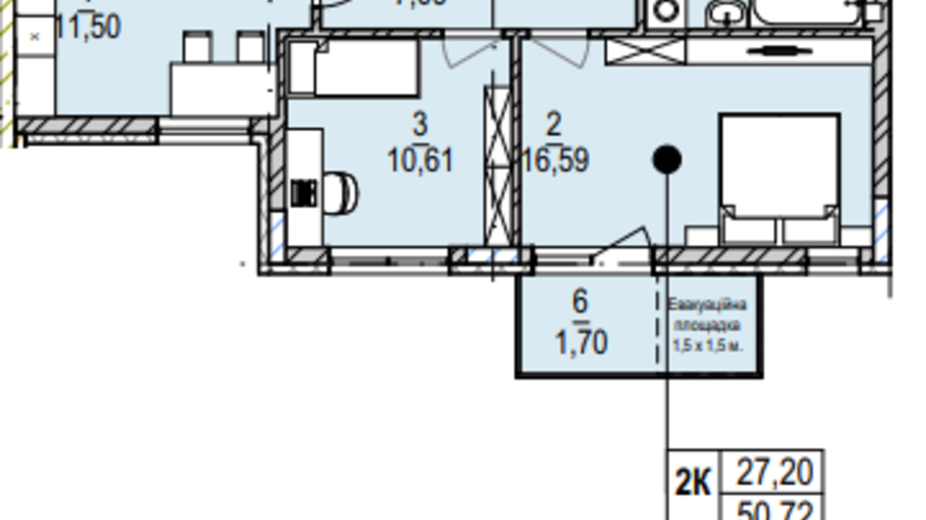 Планування 2-кімнатної квартири в ЖК Південний Deluxe 52.42 м², фото 604985